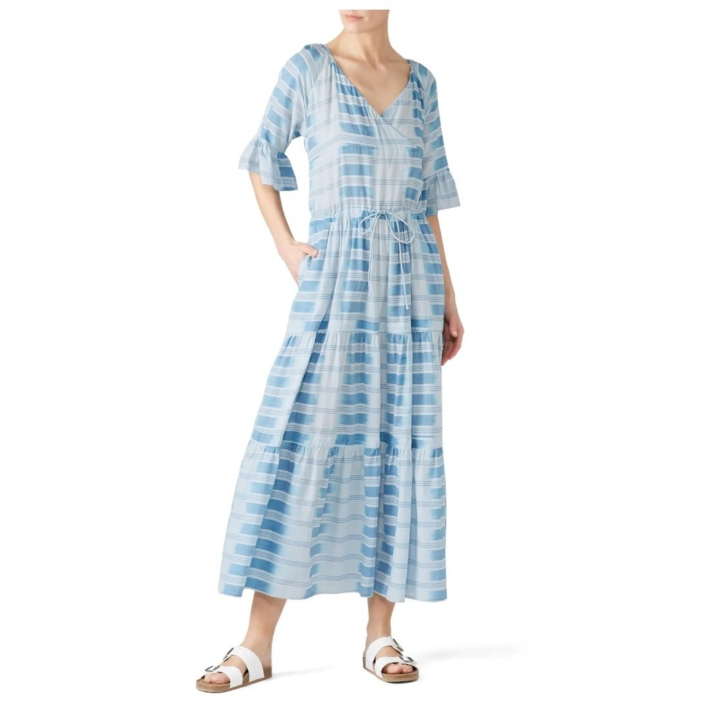 Warm Latitude Maxi Dress Blue White Ikat Stripe Cotton Tiered V-Neck Ruffle Sz 2
